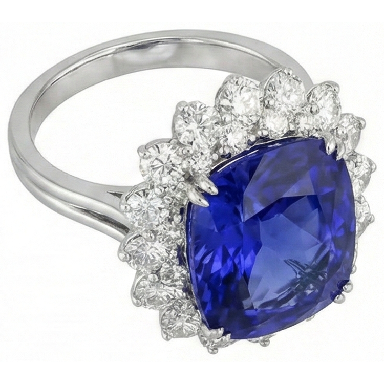 3.50 Carats Coussin Tanzanite & Bague Diamant Or Blanc 14K