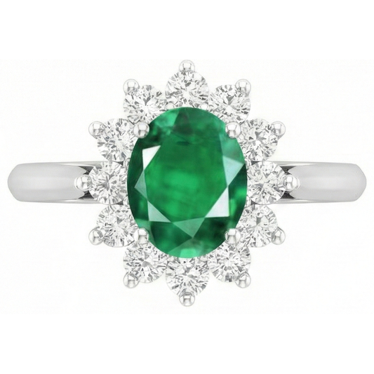 3.50 Carats Émeraude Verte Avec Halo De Diamants Naturels Extraits des Mines ( et non cultivés en laboratoire ) Bague Or Blanc 14K