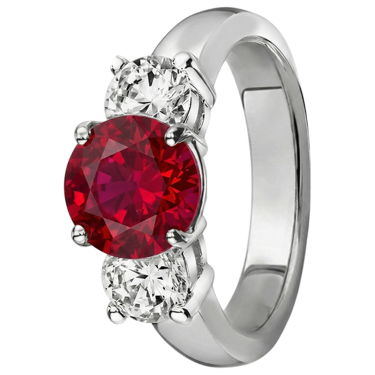 3.50 ct. Bague 3 pierres rubis et diamants sertie griffes en or blanc