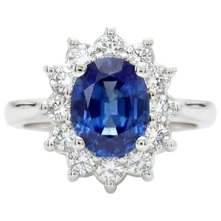 3.60 Carats Bague Saphir Bleu Et Diamant Naturels Extraits des Mines ( et non cultivés en laboratoire ) Style Fleur Or Blanc 14K