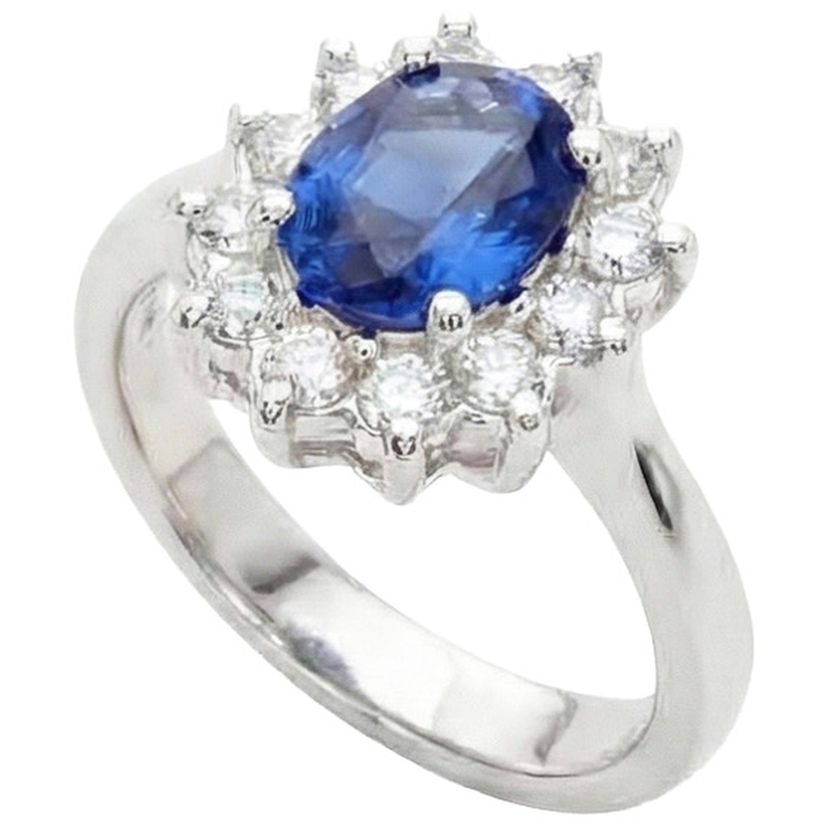 3.60 Carats Bague Saphir Bleu Et Diamant Naturels Extraits des Mines ( et non cultivés en laboratoire ) Style Fleur Or Blanc 14K