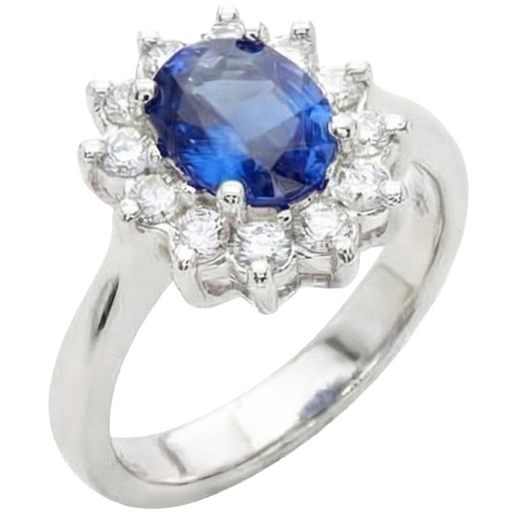 3.60 Carats Bague Saphir Bleu Et Diamant Naturels Extraits des Mines ( et non cultivés en laboratoire ) Style Fleur Or Blanc 14K