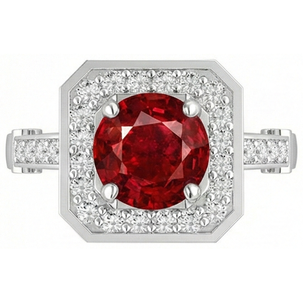 3.75 Carats Bague Rubis Rouge Et Diamants Or Blanc 14K