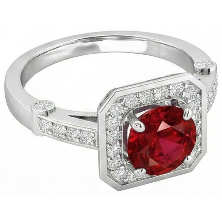 3.75 Carats Bague Rubis Rouge Et Diamants Or Blanc 14K