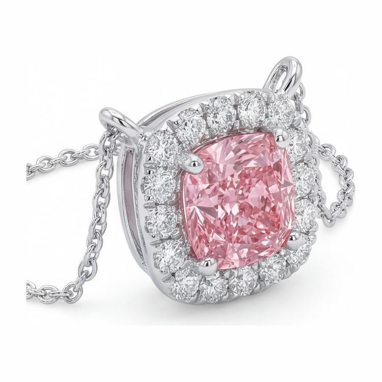 Collier Pendentif en Diamant Rose de laboratoire Coussin Halo 3,75 Carats en Or Blanc 14K