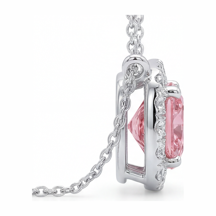 Collier Pendentif Halo Coussin en Diamant Rose de Laboratoire 3,75 Carats en Or Blanc 14 Carats