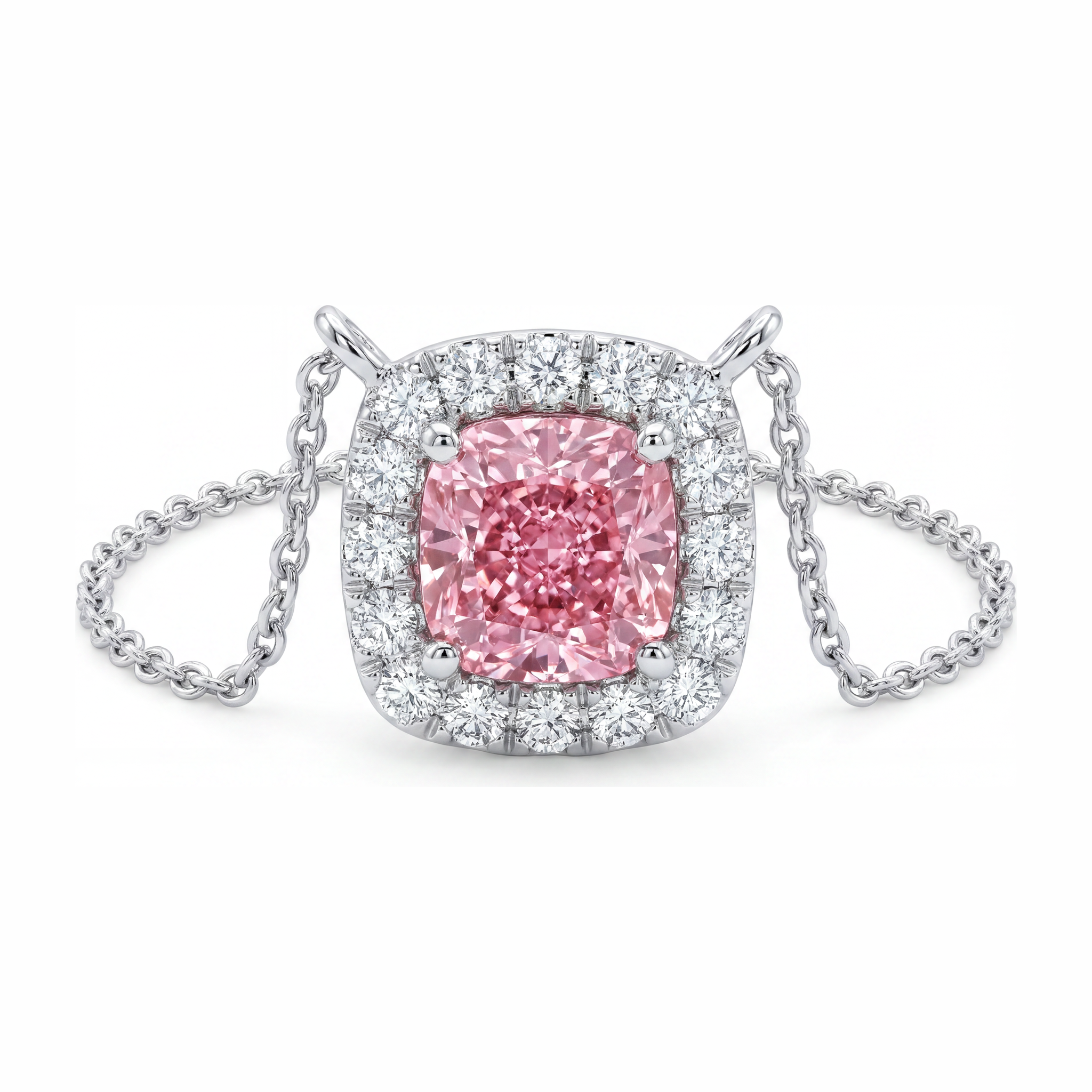Collier Pendentif en Diamant Rose de laboratoire Coussin Halo 3,75 Carats en Or Blanc 14K