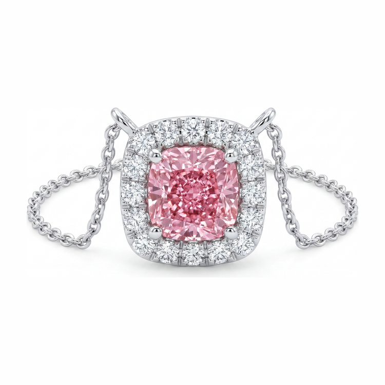 Collier Pendentif Halo Coussin en Diamant Rose de Laboratoire 3,75 Carats en Or Blanc 14 Carats