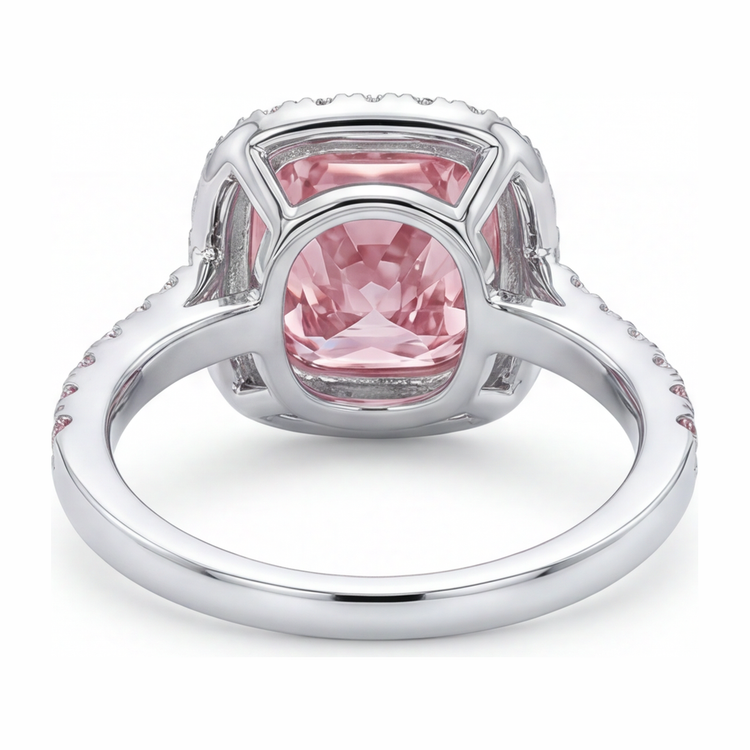 Bague Halo en Or Blanc 14 Carats avec Diamant Rose de Laboratoire Taille Coussin de 3,75 Carats