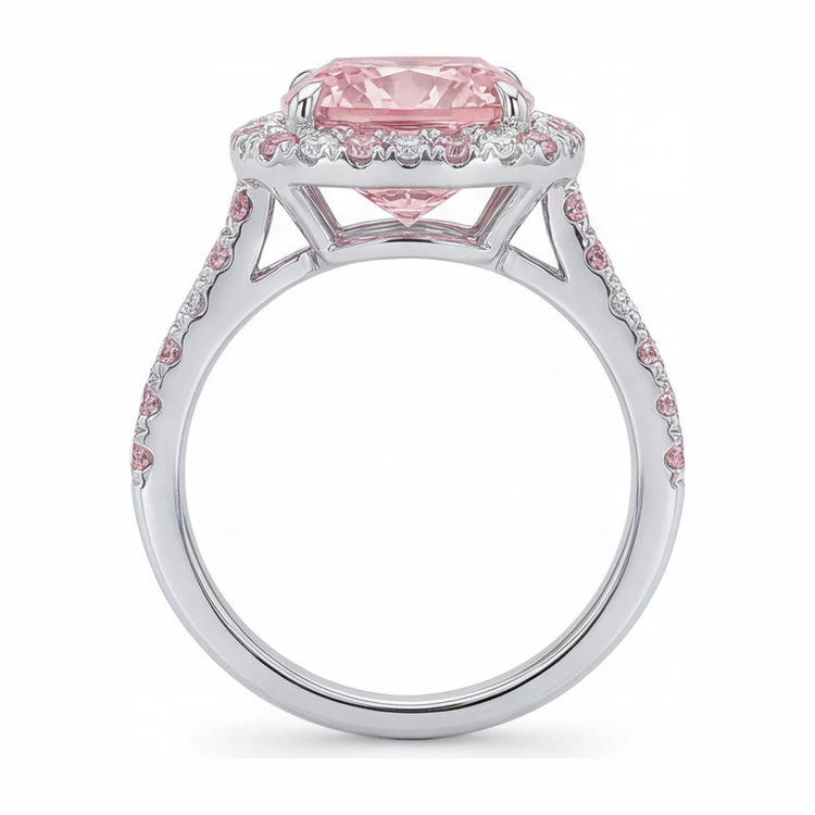 Bague Halo en Or Blanc 14 Carats avec Diamant Rose de Laboratoire Taille Coussin de 3,75 Carats