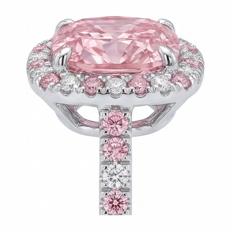 Bague Halo Diamant Rose de Laboratoire Taille Coussin 3,75 Carats en Or Blanc 14 Carats
