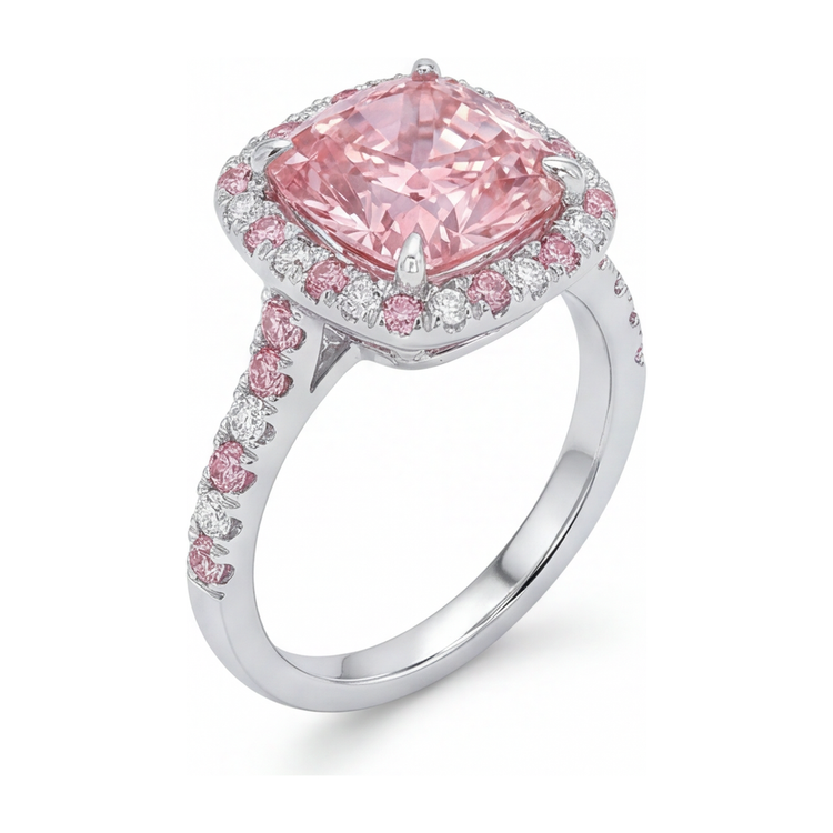 Bague Halo Diamant Rose de Laboratoire Taille Coussin 3,75 Carats en Or Blanc 14 Carats