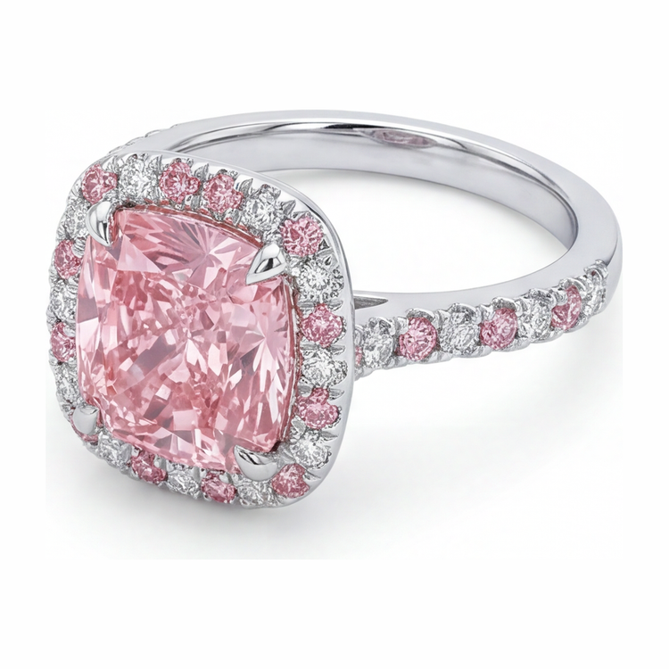 Bague Halo en Or Blanc 14 Carats avec Diamant Rose de Laboratoire Taille Coussin de 3,75 Carats