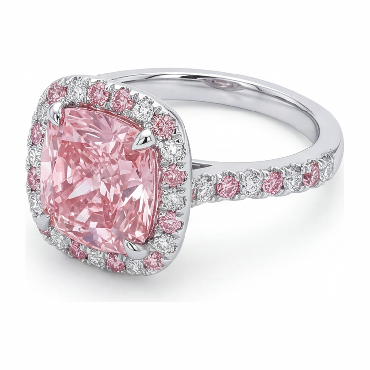 Bague Halo Diamant Rose de Laboratoire Taille Coussin 3,75 Carats en Or Blanc 14 Carats