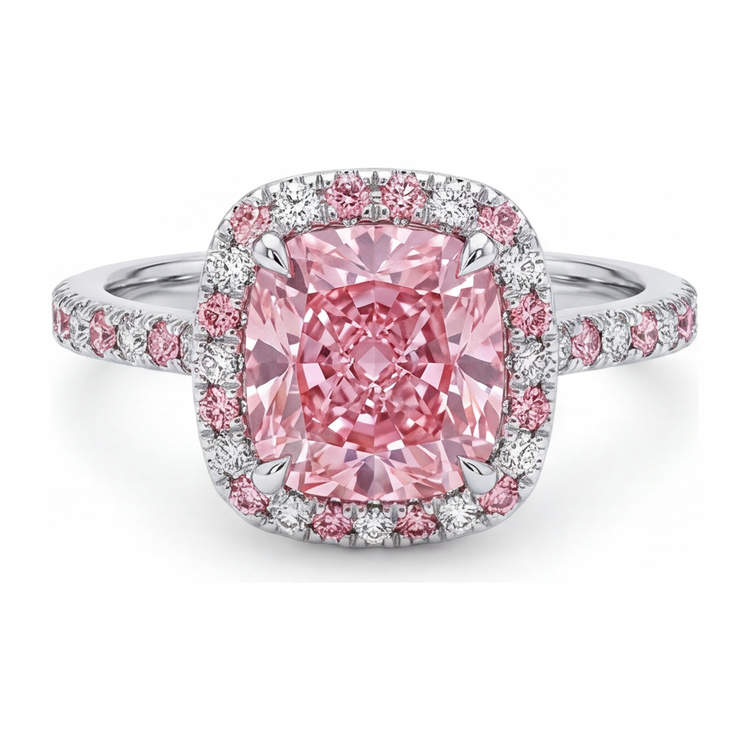 Bague Halo Diamant Rose de Laboratoire Taille Coussin 3,75 Carats en Or Blanc 14 Carats