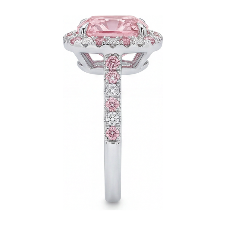 Bague Halo en Or Blanc 14 Carats avec Diamant Rose de Laboratoire Taille Coussin de 3,75 Carats