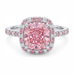 Bague Halo Diamant Rose de Laboratoire Taille Coussin 3,75 Carats en Or Blanc 14 Carats