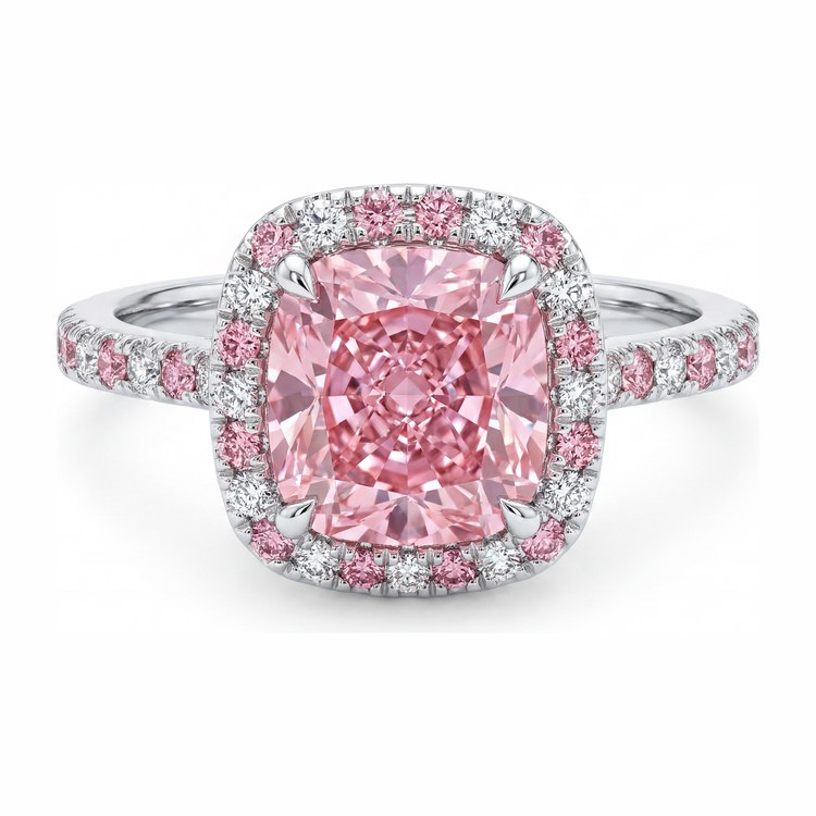 Bague Halo en Or Blanc 14 Carats avec Diamant Rose de Laboratoire Taille Coussin de 3,75 Carats