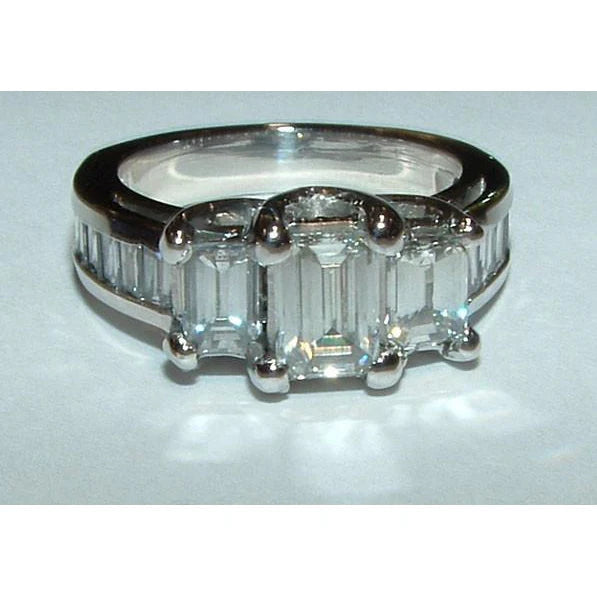 3 Carats Émeraude & Baguettes Bague Trois Pierres Naturel Diamant Or Blanc 14K