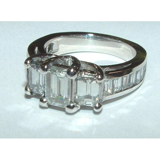 3 Carats Émeraude & Baguettes Bague Trois Pierres Naturel Diamant Or Blanc 14K