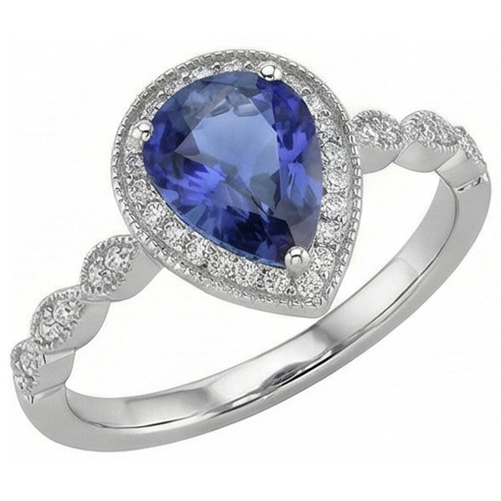 Taille Poire Saphir Bleu bague en Or 14K Blanc – vue principale