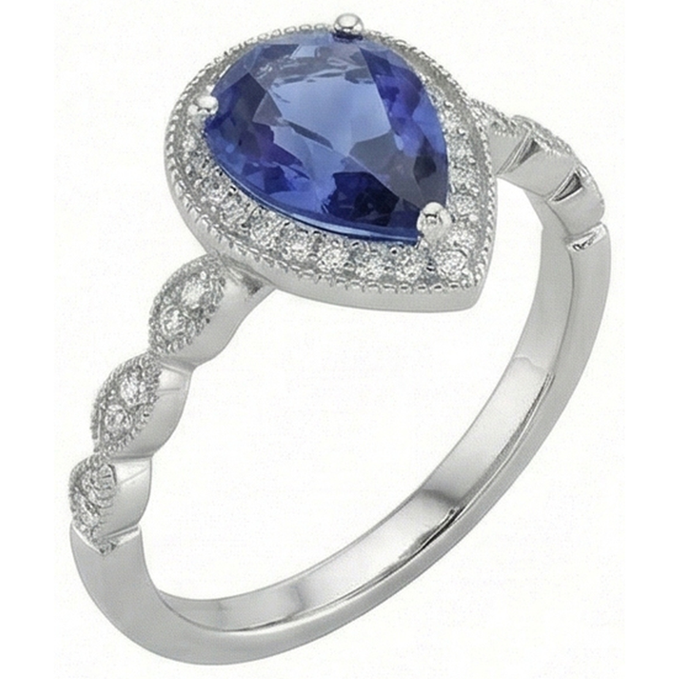 Taille Poire Saphir Bleu bague en Or 14K Blanc – vue de côté