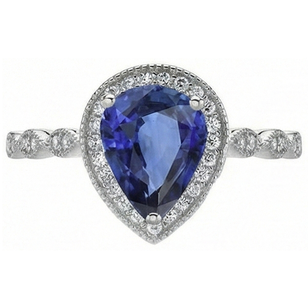 Taille Poire Saphir Bleu bague en Or 14K Blanc – vue de face