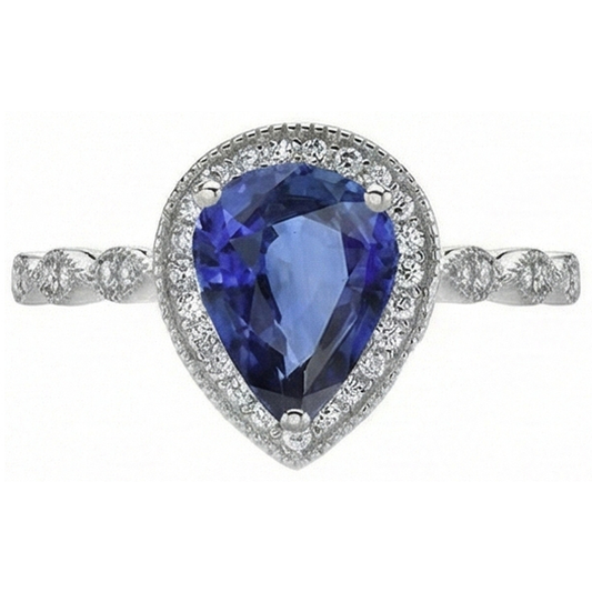 Taille Poire Saphir Bleu bague en Or 14K Blanc – vue de face