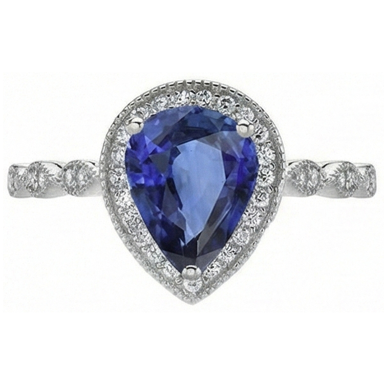 Taille Poire Saphir Bleu bague en Or 14K Blanc – vue de face