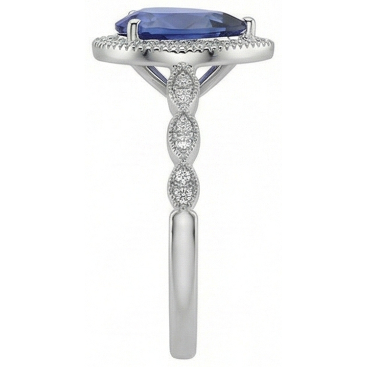 Saphir Bleu Taille Poire Bague Pierre de Couleur en Or 14K Blanc – vue de profil