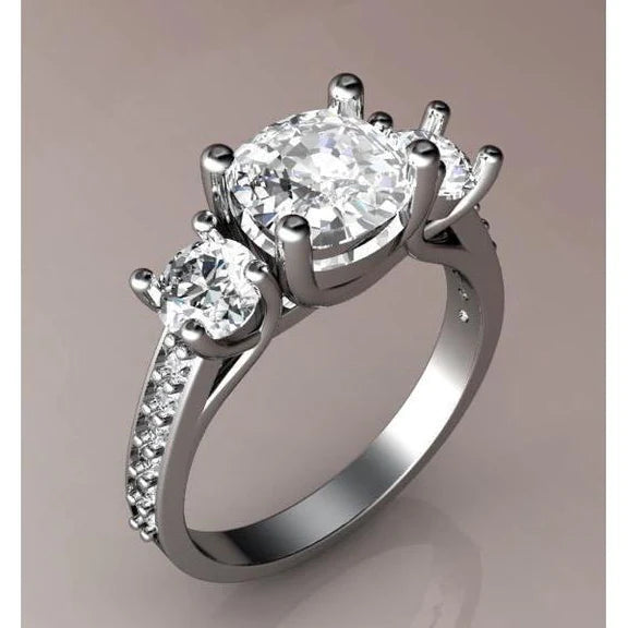 3 Carats Taille Coussin Réel Diamant Bague De Mariage Style 3 Pierres Or Blanc