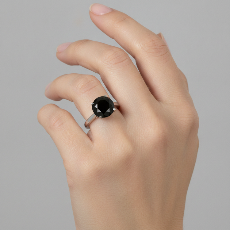 Bague de mariage solitaire cathédrale diamant noir véritable rond 3,5 carats en Or Blanc 14 carats