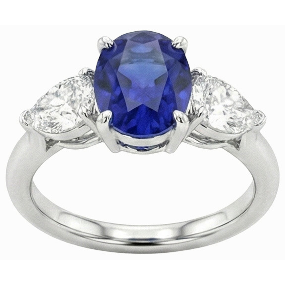3 carats trois pierres ovales saphir bleu profond et diamants poire