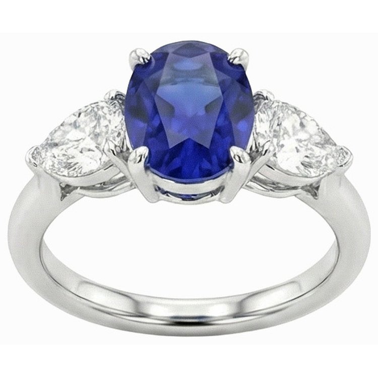 3 carats trois pierres ovales saphir bleu profond et diamants poire