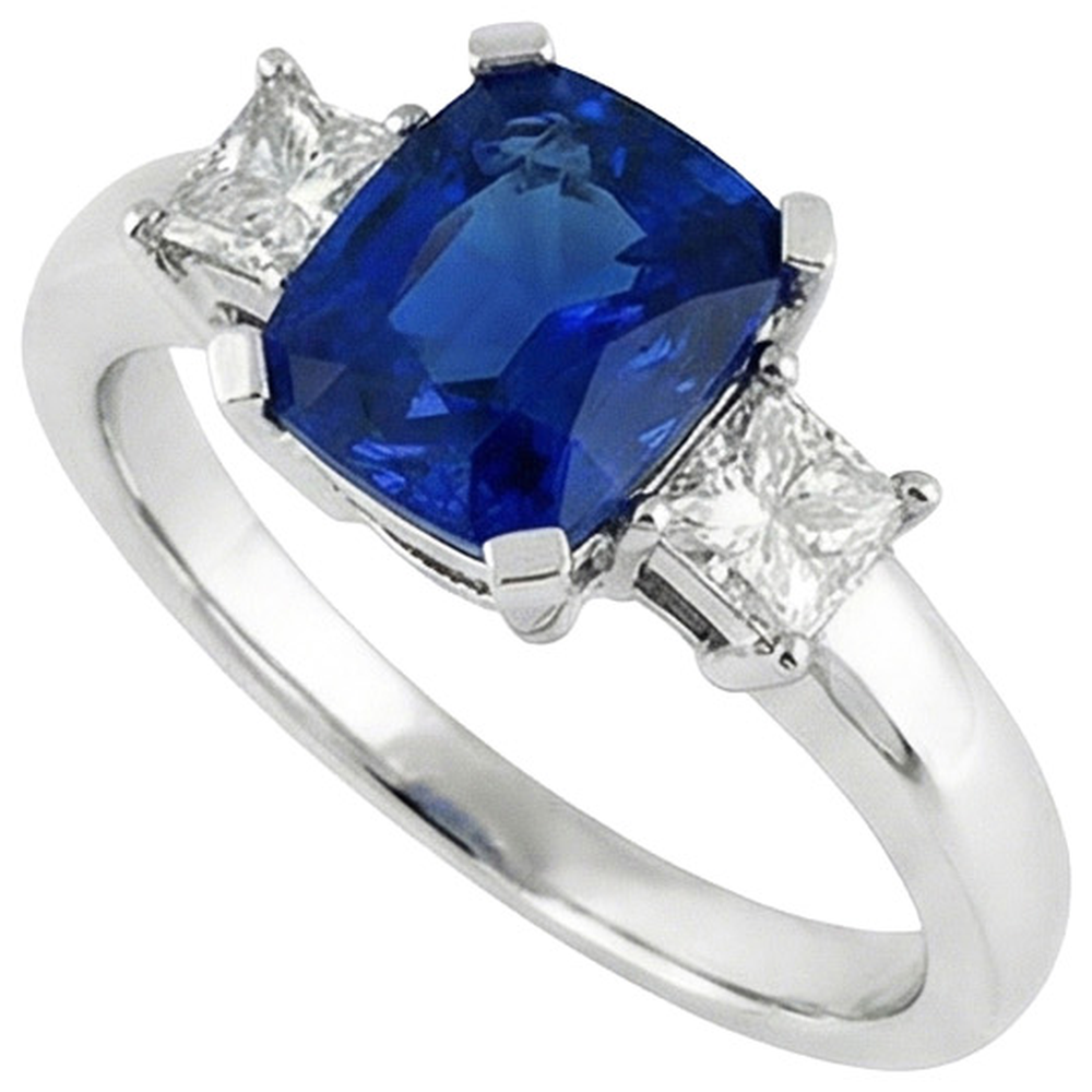 3 pierres de style saphir de Ceylan et diamants 4.01 ct. Bague Or Blanc 14K