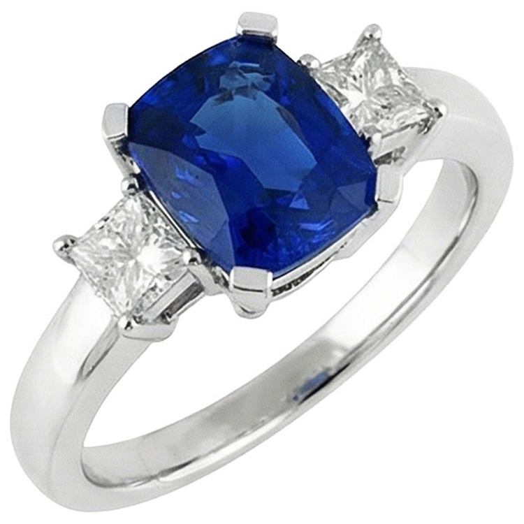 3 pierres de style saphir de Ceylan et diamants 4.01 ct. Bague Or Blanc 14K