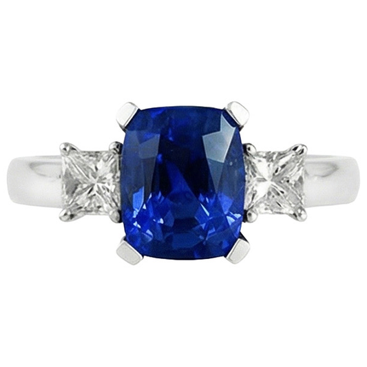 3 pierres de style saphir de Ceylan et diamants 4.01 ct. Bague Or Blanc 14K