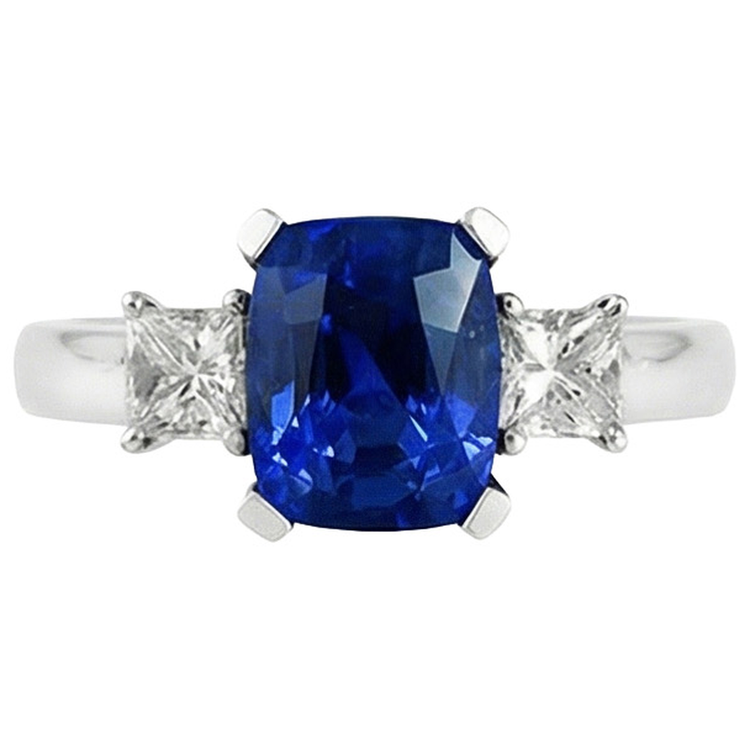 3 pierres de style saphir de Ceylan et diamants 4.01 ct. Bague Or Blanc 14K