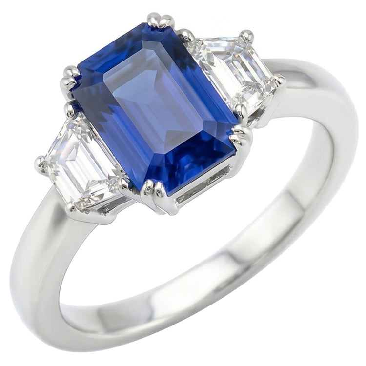 3 pierres trapèze bijoux diamant bague 3 carats radiant saphir de Ceylan