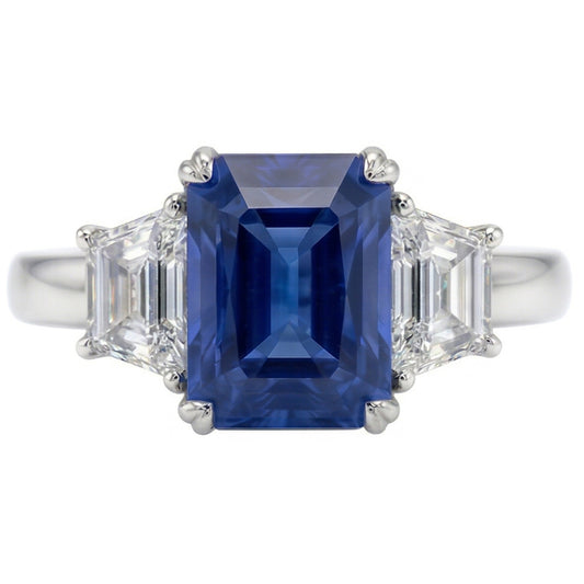 3 pierres trapèze bijoux diamant bague 3 carats radiant saphir de Ceylan