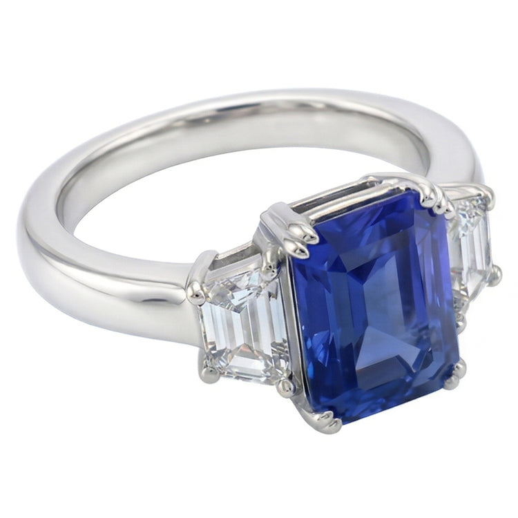 3 pierres trapèze bijoux diamant bague 3 carats radiant saphir de Ceylan