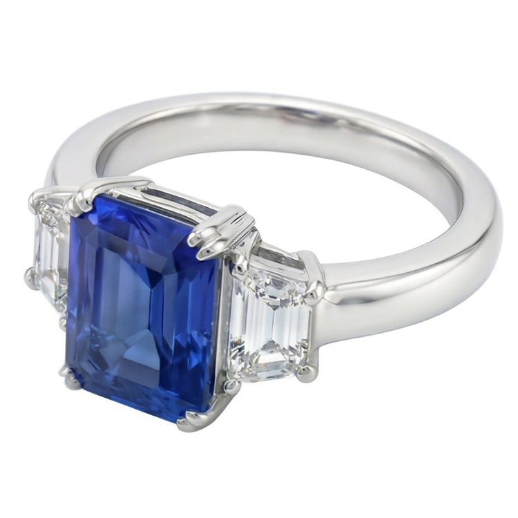 3 pierres trapèze bijoux diamant bague 3 carats radiant saphir de Ceylan