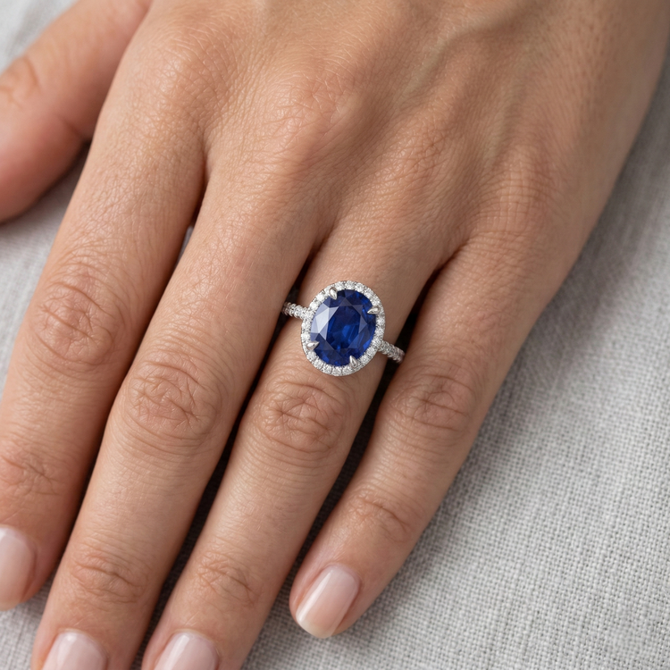 Bague avec Gemme Or 14K Blanc avec Saphir Bleu Bleuet – vue de dessus