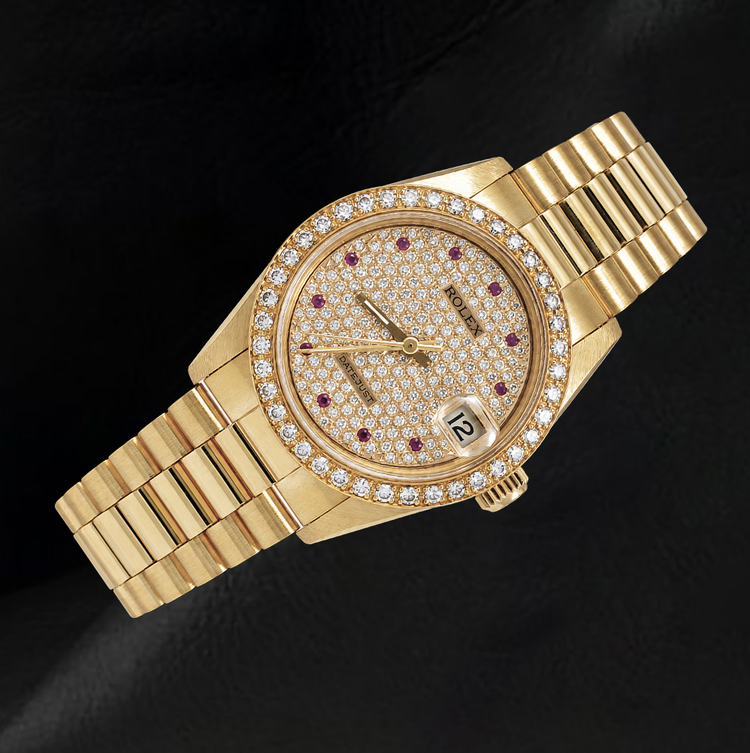 Montre Rolex Datejust 68278 31 mm Cadran Pavé de Diamants Bracelet President en Or 18 Carats