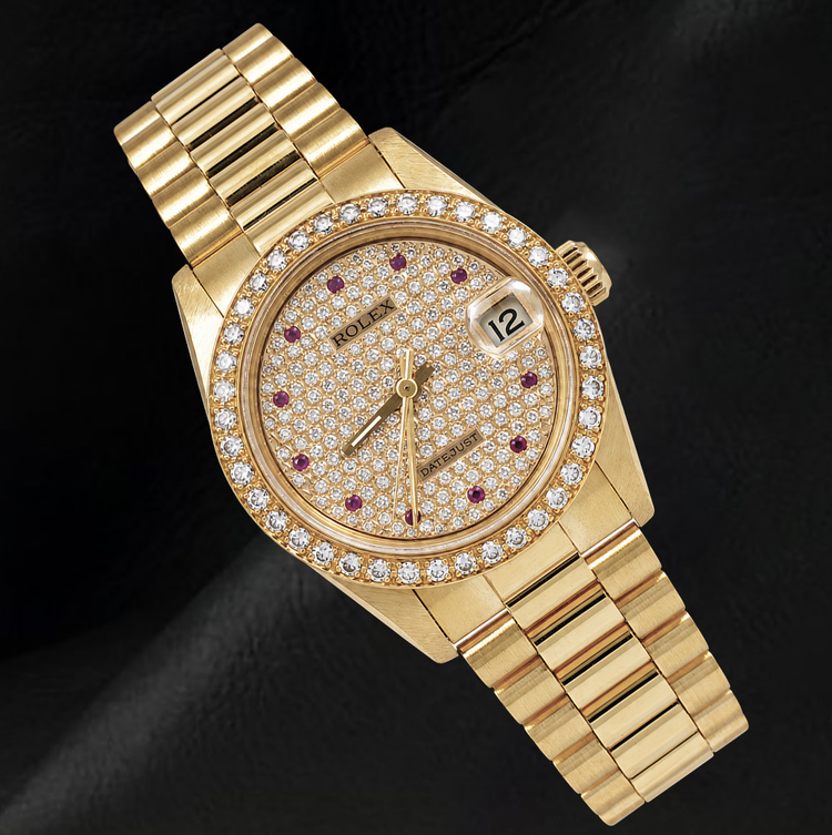 Montre Rolex Datejust 68278 31 mm Cadran Pavé de Diamants Bracelet President en Or 18 Carats