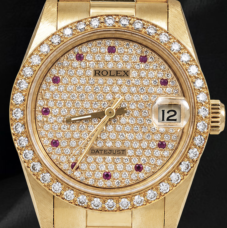 Montre Rolex Datejust 68278 31 mm Cadran Pavé de Diamants Bracelet President en Or 18 Carats