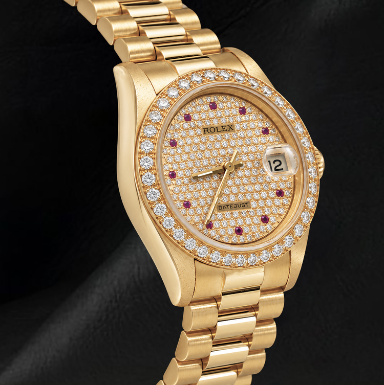 Montre Rolex Datejust 68278 31 mm Cadran Pavé de Diamants Bracelet President en Or 18 Carats