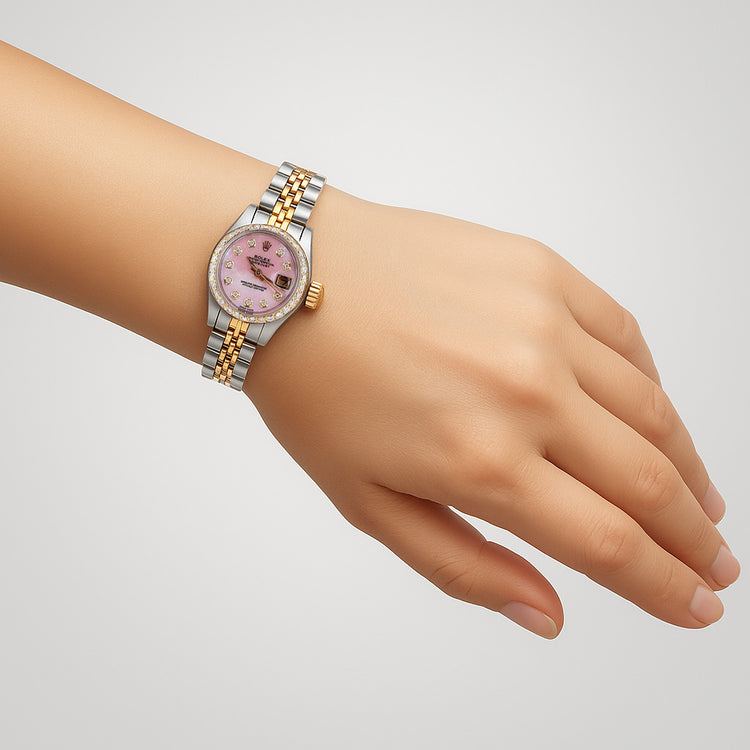 Regarder à cadran diamant serpillière roze pour femme Rolex Datejust bicolore
