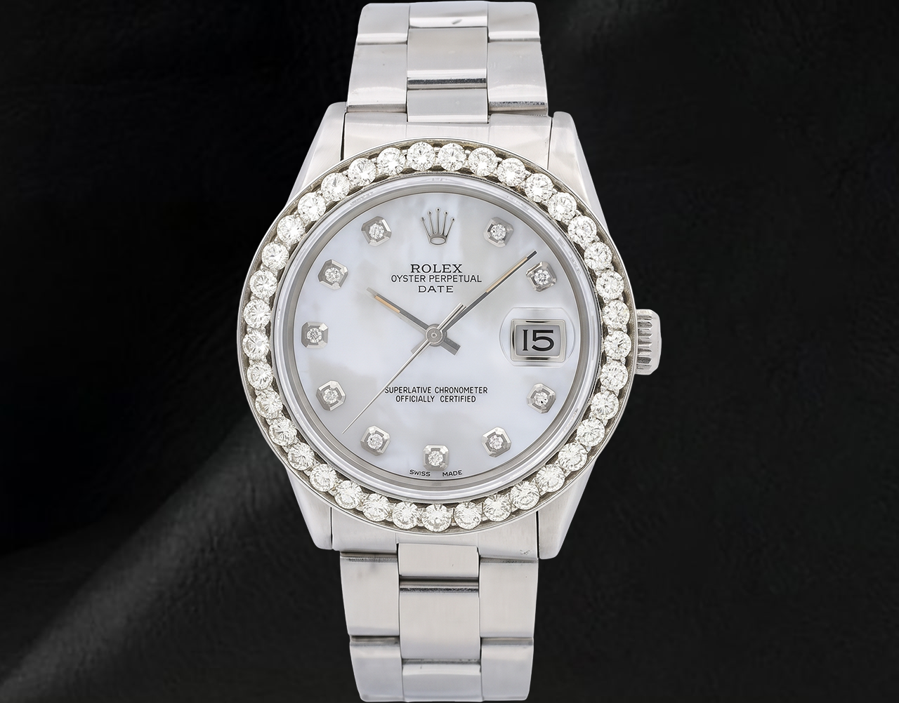 Montre Rolex 34 mm Bracelet Oyster 1500 Cadran Diamants Nacre Blanche