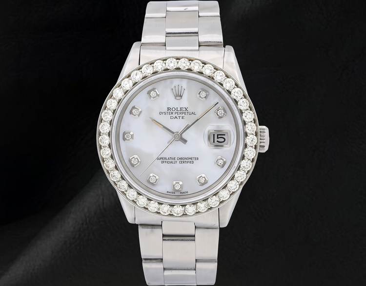 Montre Rolex 34 mm Bracelet Oyster 1500 Cadran Diamants Nacre Blanche